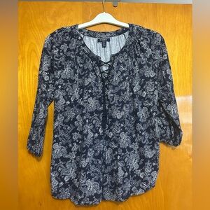 Chaps Dark Blue and White Paisley Lace-Up Blouse